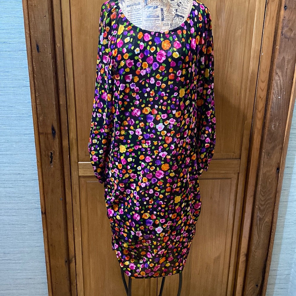 Anne Cole sheer mesh tunic or dress ruched sides and sleeves black floral XL